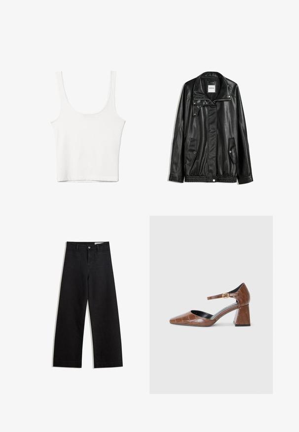 Črna usnjena jakna z zadrgo spredaj, zapiranjem na gumb, dvema stranskima žepoma in elastičnim robom. Ima strukturiran ovratnik in gladko teksturo.; Bela bombažna majica brez rokavov s kroglasto izrezom in prilegajočim krojem. Gladka tekstura, enostavna zasnova in minimalne šivanske podrobnosti.; Črne široke denim hlače z visokim pasom, ki imajo sprednje in zadnje žepe, šivane šive ter gumbasto zapiranje. Gladka tekstura.; Rjavi lakirani čevlji na visoki peti z kvadratnim toejem, teksturiranim krokodilnim vzorcem, trakcem okoli gležnja z zlatim zaponko in debelim petom.
