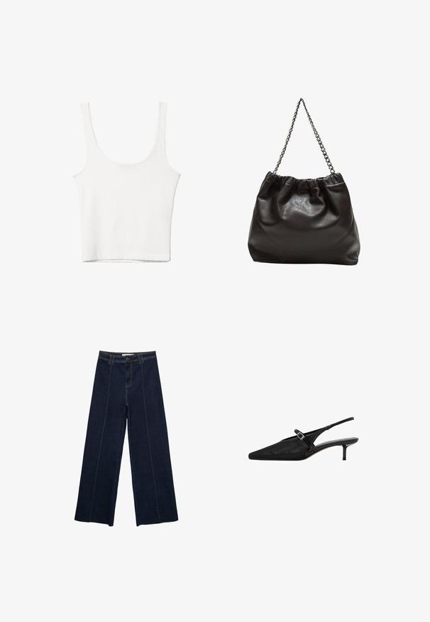 Giubbotto in pelle nera con zip frontale, chiusura a bottoni a pressione, due tasche laterali e orlo elasticizzato. Presenta un colletto strutturato e una texture liscia.; Top in cotone bianco senza maniche, con scollatura ampia e linea aderente. Tessuto liscio, design semplice e dettagli di cucitura minimi.; Pantaloni in denim scuro a gamba larga con cuciture a contrasto, vita alta e taglio dritto. Presentano tasche anteriori e una chiusura classica con bottone.; Décolleté slingback neri con punta affusolata, parte superiore in rete testurizzata, sottile cinturino regolabile con fibbia argentata e tacco a stiletto di 5 cm.; Borsa in pelle marrone con parte superiore arricciata e tracolla a catena. Texture liscia con finitura lucida e dettagli di cucitura sottili sui lati.