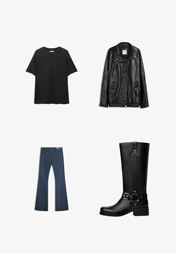 Zwarte leren jas met rits aan de voorkant, drukknopen-sluiting, twee zijzakken en elastische onderrand. Beschikt over een gestructureerde kraag en een gladde textuur.; Zwarte T-shirt van katoen, met een ronde halslijn, korte mouwen en een losse pasvorm met een gladde textuur.; Donkerblauwe flare jeans van denim met gestikte zakken, een knoopsluiting en een soepele textuur. Beschikt over een klassieke vijfzakkenontwerp.; Hoge zwarte neplederen laarzen met een ronde neus, accentriem met gespsleutel en een brede hak. Glad textuur en verticale naad op de schacht.