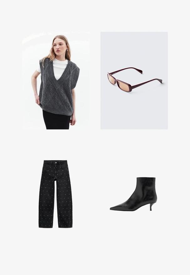 Czarna skórzana kurtka z zamkiem błyskawicznym z przodu, z zapięciem na napy, dwoma bocznymi kieszeniami i elastycznym dołem. Ma wyprofilowany kołnierz i gładką teksturę.; Szary sweter bez rękawów z dekoltem w kształcie litery V, z wzorem warkoczowym i krótkimi rękawami, noszony na białej koszuli, na jasnym tle.; Czarne dżinsy o szerokich nogawkach z wzorem małych srebrnych grommetów, z klasycznym pięciokomorowym krojem i zapięciem na guziki.; Czarny skórzany botek sięgający kostki z szpiczastym noskiem, smukłym obcasem typu kitten heel i gładką teksturą. Prosty fason, bez ozdobnych akcentów.; Bordowe okulary przeciwsłoneczne z prostokątnymi oprawkami, gradientowymi soczewkami i smukłymi ramionami. Materiał ma gładkie, błyszczące wykończenie.