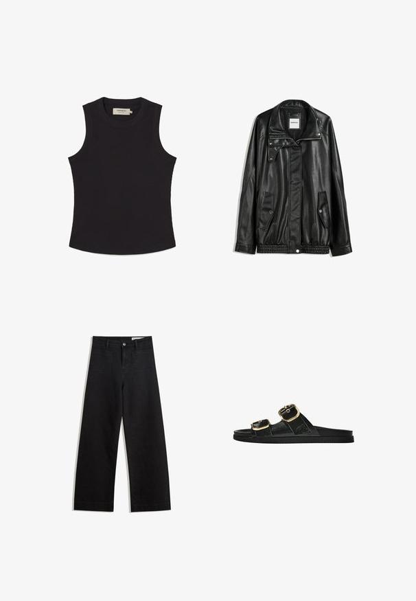 Czarna skórzana kurtka z zamkiem błyskawicznym z przodu, z zapięciem na napy, dwoma bocznymi kieszeniami i elastycznym dołem. Ma wyprofilowany kołnierz i gładką teksturę.; Czarny top bez rękawów wykonany z prążkowanego materiału, z okrągłym dekoltem i prostym dołem. Zawiera metkę wewnątrz z tyłu.; Czarne dżinsowe spodnie o szerokich nogawkach i wysokim stanie, z przednimi i tylnymi kieszeniami, przeszyciami oraz zapięciem na guziki. Gładka struktura.; Czarne klapki z dwoma złotymi klamrami, gładki materiał, płaska podeszwa i minimalistyczny design.