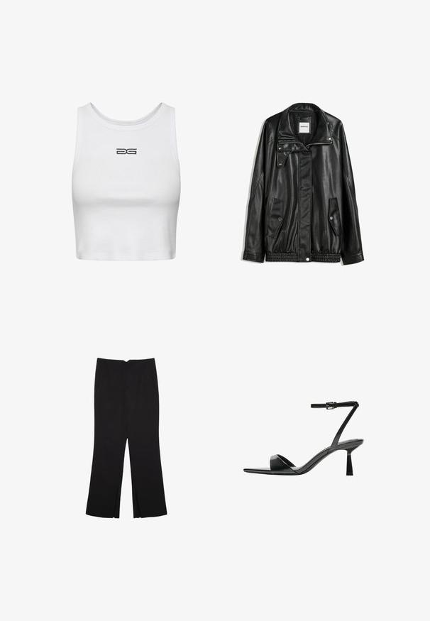 Čierna kožená bunda s predným zipsom, skladacím zapínaním, dvoma bočnými vreckami a elastickým spodným okrajom. Má štruktúrovaný golier a hladkú textúru.; Biela skrátená tielko z rebrovanej bavlny. Má okrúhly výstrih a vyšívané čierne logo na hrudi. Jednoduchý, priliehavý dizajn.; Čierne nohavice so strihom rovného strihu, s prednými vreckami a bočnými rozparkami na leme. Vyrobené z mäkkej, hladkej tkaniny. Vhodné na rôzne príležitosti.; Bershka Sandále na vysokom opätku - black