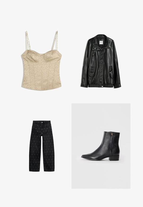 Black leather jacket with zippered front, snap-button closure, two side pockets, and elasticized hem. Features a structured collar and smooth texture.; Beige corset top with leopard print, featuring thin adjustable straps, a structured design, and vertical stitching for shape.; Black denim wide-leg jeans featuring a pattern of small silver grommets, with a classic five-pocket design and button front closure.; Black leather ankle boots with a pointed toe, smooth texture, low block heel, and a gold accent logo on the side.