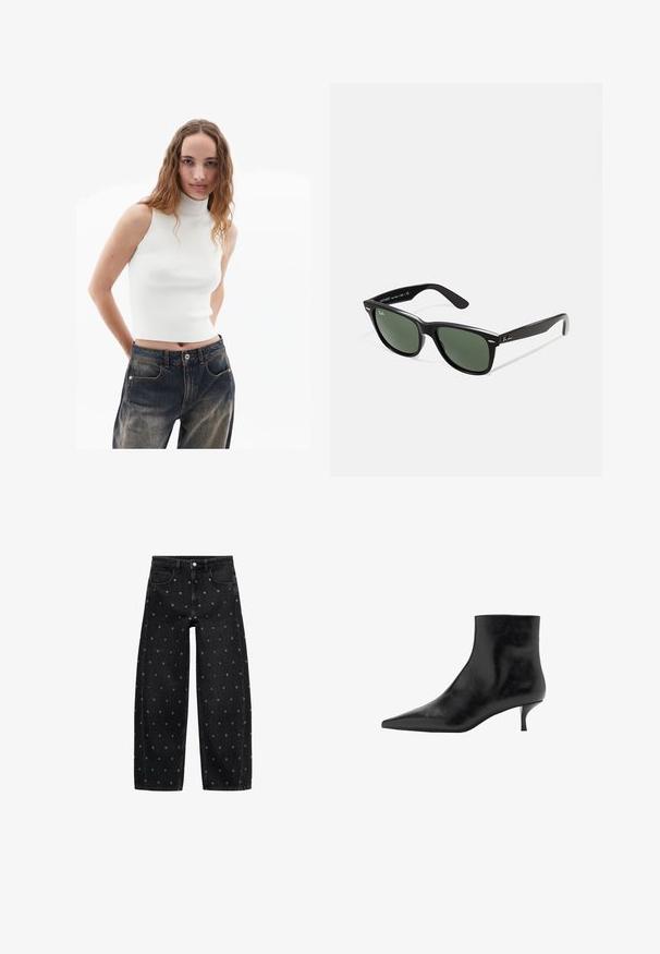 Zwarte leren jas met rits aan de voorkant, drukknopen-sluiting, twee zijzakken en elastische onderrand. Beschikt over een gestructureerde kraag en een gladde textuur.; Witte mouwloze ribgebreide coltrui gecombineerd met blauwe denim high-waisted jeans, met voorzakken en een lichte vervaging.; Zwarte denim wide-leg jeans met een patroon van kleine zilveren oogjes, met een klassieke vijf-pocket design en een knoopsluiting aan de voorkant.; Zwarte leren enkelboot met een puntige neus, slanke kittenhak en een gladde textuur. Eenvoudig ontwerp, geen decoratieve accenten.; Zwarte plastic zonnebril met groene lenzen, vierkante montuur, zilveren accent op de wenkbrauw en een gestructureerde tempel. Merken vermeld op de binnenkant van de arm.