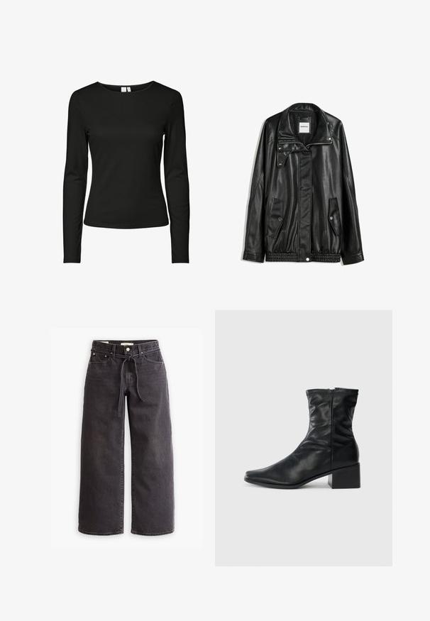 Black leather jacket with zippered front, snap-button closure, two side pockets, and elasticized hem. Features a structured collar and smooth texture.; Black long-sleeve top made of smooth fabric, featuring a classic crew neck and a fitted design with no visible patterns or embellishments.; Black wide-leg jeans made of denim, featuring a drawstring waist, five pockets, and contrast stitching details. Flat-front design.; Black mid-calf leather boot with a square toe, side zipper, and block heel on a plain white background.
