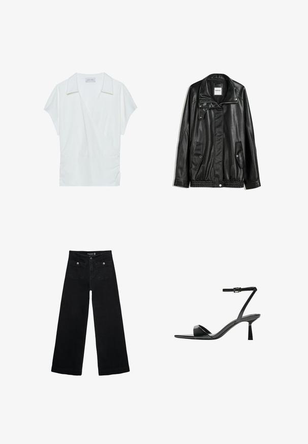 Črna usnjena jakna z zadrgo spredaj, zapiranjem na gumb, dvema stranskima žepoma in elastičnim robom. Ima strukturiran ovratnik in gladko teksturo.; Bela bluzica s ovratnikom, izrađena od glatkog materijala, s kratkim rukavima i nabranim detaljima u struku za opuštenu figuru.; Črne široke kavbojke z visokim pasom, ki imajo dva sprednja žepa in kovinske gumbi. Tkanina ima gladko teksturo.; Bershka Sandali z visoko peto - black