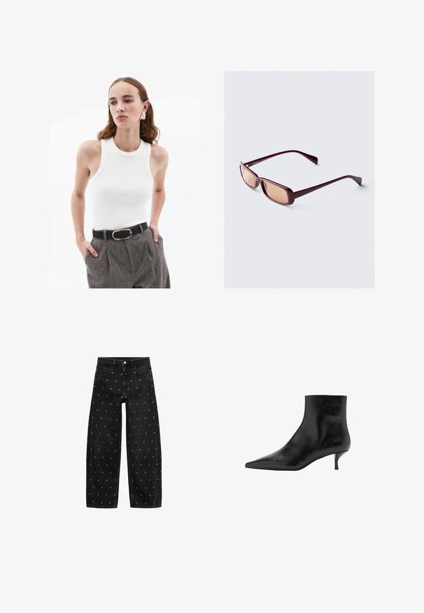 Czarna skórzana kurtka z zamkiem błyskawicznym z przodu, z zapięciem na napy, dwoma bocznymi kieszeniami i elastycznym dołem. Ma wyprofilowany kołnierz i gładką teksturę.; Biała, prążkowana koszulka na ramiączkach z okrągłym dekoltem, ozdobiona beżowym wykończeniem. Zestawiona z szarymi, fakturowanymi spodniami z wysokim stanem oraz czarnym paskiem z złotą klamrą.; Czarne dżinsy o szerokich nogawkach z wzorem małych srebrnych grommetów, z klasycznym pięciokomorowym krojem i zapięciem na guziki.; Czarny skórzany botek sięgający kostki z szpiczastym noskiem, smukłym obcasem typu kitten heel i gładką teksturą. Prosty fason, bez ozdobnych akcentów.; Bordowe okulary przeciwsłoneczne z prostokątnymi oprawkami, gradientowymi soczewkami i smukłymi ramionami. Materiał ma gładkie, błyszczące wykończenie.