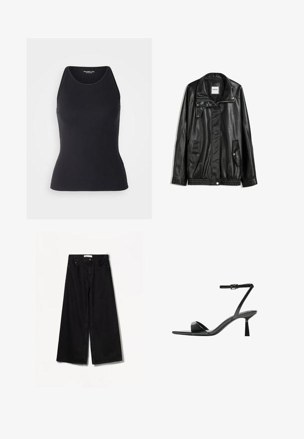 Zwarte leren jas met rits aan de voorkant, drukknopen-sluiting, twee zijzakken en elastische onderrand. Beschikt over een gestructureerde kraag en een gladde textuur.; Abercrombie & Fitch HIGHNECK 4WAY CURVE HEM CAMI - Top - black beauty; Bershka WIDE-LEG - Wide leg - black; Bershka Sandalen met hoge hak - black