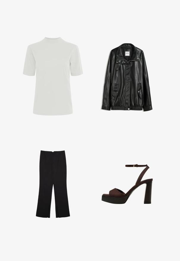 Črna usnjena jakna z zadrgo spredaj, zapiranjem na gumb, dvema stranskima žepoma in elastičnim robom. Ima strukturiran ovratnik in gladko teksturo.; ICHI IHRANIA - Navadna majica - cloud dancer; Črne hlače ravnega kroja z naglavnimi žepi in stranskimi razporki na robu. Narejene iz mehke, gladke tkanine. Primerne za različne priložnosti.; Rjave semiš sandale z visoko peto, odprto spredaj, z nastavljivim gležnjenjem in črtastim podplatom.