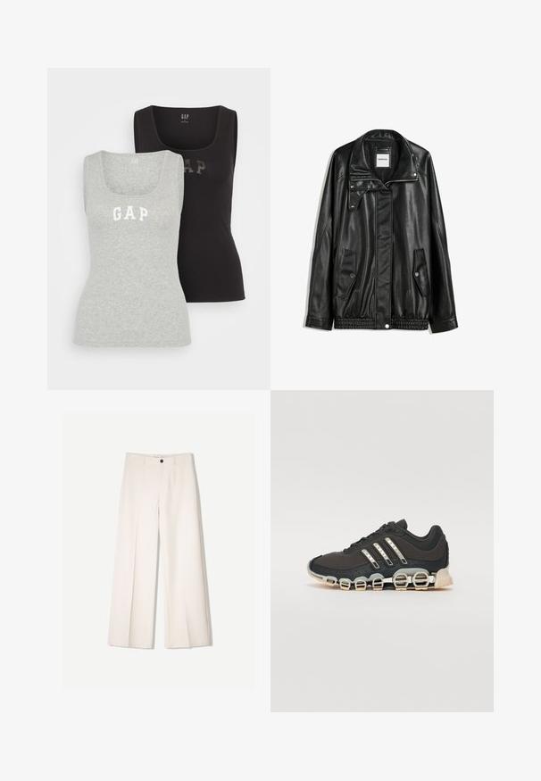 Schwarze Lederjacke mit Reißverschluss vorne, Knopfverschluss, zwei seitlichen Taschen und elastischem Saum. Verfügt über einen strukturierten Kragen und eine glatte Textur.; GAP TANK 2 PACK - Top - black/grey; Cremfarbene weitem Hosen mit maßgeschneidertem Design, ausgestattet mit zwei vorderen Taschen und einem vorderen Knopfverschluss, aus glattem Stoff gefertigt.; Schwarzer Sportschuh mit einer strukturierten Oberseite, drei silbernen Streifen und einer markanten Dämpfungssohle mit mehreren integrierten Sektionen.
