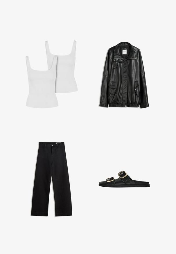 Schwarze Lederjacke mit Reißverschluss vorne, Knopfverschluss, zwei seitlichen Taschen und elastischem Saum. Verfügt über einen strukturierten Kragen und eine glatte Textur.; Zwei weiße Baumwoll-Top mit geripptem Muster, ausgestattet mit breiten Trägern und einem figurbetonten Design. Jedes hat einen quadratischen Ausschnitt.; Schwarze weit geschnittene Jeans mit hoher Taille, ausgestattet mit Vorder- und Hintertaschen, gesteppten Nähten und einem Knopfverschluss. Glatte Textur.; Schwarze Riemensandale mit zwei goldenen Schnallendetails, glattem Material, flachem Sohlen und minimalistischer Gestaltung.