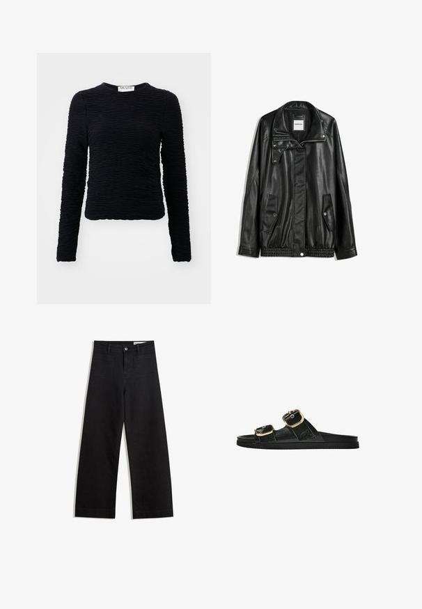 Čierna kožená bunda s predným zipsom, skladacím zapínaním, dvoma bočnými vreckami a elastickým spodným okrajom. Má štruktúrovaný golier a hladkú textúru.; Čierny dlhý rukáv top vyrobený z textúrovaného materiálu s pokrčeným vzorom, s okrúhlym výstrihom a lemom, ktorý je na úrovni pása.; Čierne denimové nohavice s širokými nohavicami a vysokým pásom, so prednými a zadnými vreckami, šitými švami a zapínaním na gombík. Hladká textúra.; Čierne šľapky s dvoma zlatými prackami, hladký textúrovaný materiál, plochá podrážka a minimalistický dizajn.