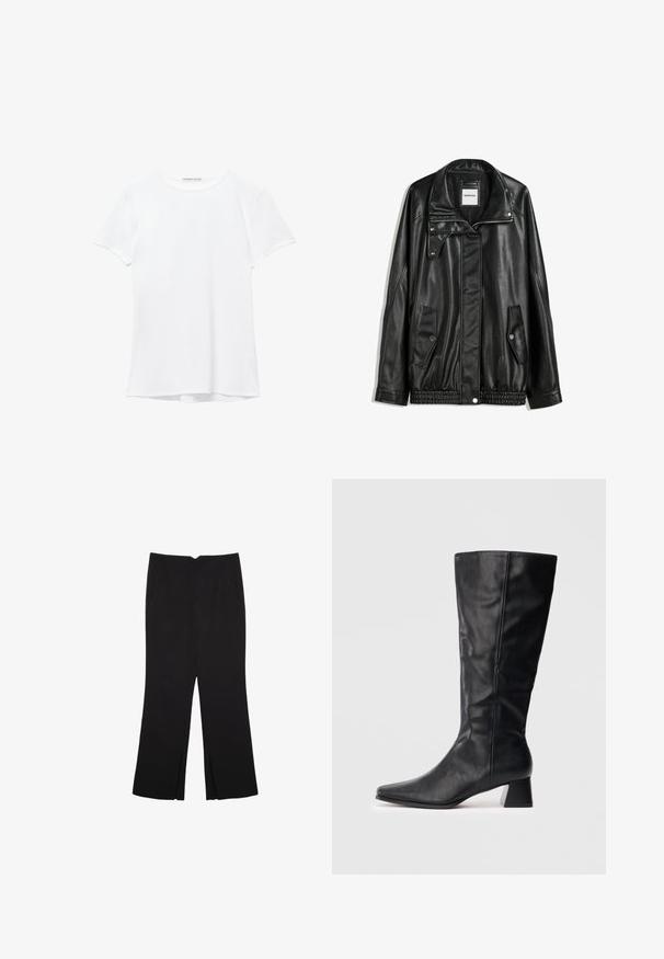 Czarna skórzana kurtka z zamkiem błyskawicznym z przodu, z zapięciem na napy, dwoma bocznymi kieszeniami i elastycznym dołem. Ma wyprofilowany kołnierz i gładką teksturę.; Biały krótki rękaw t-shirt wykonany z gładkiego materiału, z okrągłym dekoltem i subtelnymi detalami szycia na dole.; Czarne spodnie o prostym kroju, z przednimi kieszeniami i bocznymi rozcięciami na dole. Wykonane z miękkiego, gładkiego materiału. Odpowiednie na różne okazje.; Czarny skórzany botek do połowy łydki z ostrym noskiem i słupkowym obcasem na jednolitym jasnym tle.