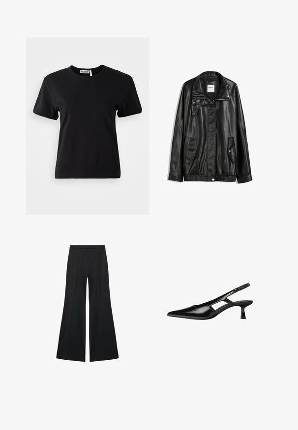 Crna kožna jakna s patentnim zatvaračem sprijeda, zatvaračem na gumbe, dvjema bočnim džepovima i elastičnim rubom. Ima strukturirani ovratnik i glatku teksturu.; Crna pamučna majica mješavine s okruglim izrezom, kratkim rukavima i opuštenim krojem. Unutarnji izrez nosi etiketu "WEEKDAY".; Crne široke hlače s glatkom teksturom, koje imaju prednje nabore i kroj po mjeri. Tkanina je lagana i lepršava.; Crne lakirane natikače na remenčić sa špicastim nosom, dizajnom sa izrezima sa strane i malim kvadratnim potplatom. Glatka tekstura s minimalnim akcentima.