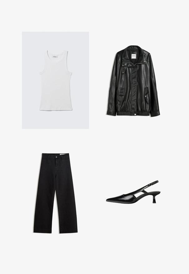 Giubbotto in pelle nera con zip frontale, chiusura a bottoni a pressione, due tasche laterali e orlo elasticizzato. Presenta un colletto strutturato e una texture liscia.; Top in cotone bianco senza maniche, con una texture a coste e scollatura rotonda. Presenta un'etichetta sul collo con la scritta "WEEKDAY".; Pantaloni in denim neri a gamba larga con vita alta, dotati di tasche anteriori e posteriori, cuciture a punto, e chiusura con bottone. Texture liscia.; Tacchi slingback in pelle verniciata nera con punta affusolata, design con tagli laterali e tacco quadrato piccolo. Texture liscia con dettagli minimi.