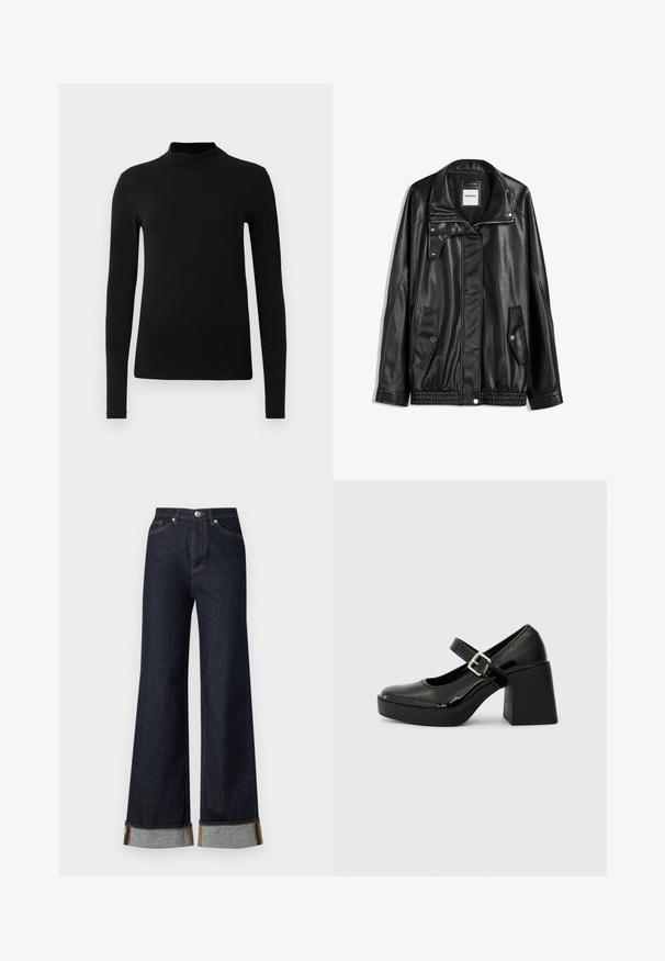 Črna usnjena jakna z zadrgo spredaj, zapiranjem na gumb, dvema stranskima žepoma in elastičnim robom. Ima strukturiran ovratnik in gladko teksturo.; Črna dolga majica s turtleneck ovratnikom, izdelana iz gladkega materiala; oprijet kroj z visokim ovratnikom in brez vidnih šivov. Preprosta, enobarvna.; Vero Moda VMTESSA WIDE FOLD UP - Široke hlačnice - dark blue denim; Črne lakaste Mary Jane paščkaste čevlje z okroglo konico, širokim blokom peto, nastavljivim zaponko in teksturirano podplatom.