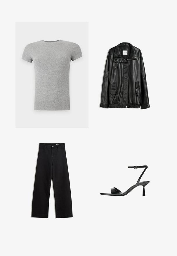 Czarna skórzana kurtka z zamkiem błyskawicznym z przodu, z zapięciem na napy, dwoma bocznymi kieszeniami i elastycznym dołem. Ma wyprofilowany kołnierz i gładką teksturę.; Szara koszulka z krótkim rękawem, wykonana z żeberkowej tkaniny, z okrągłym dekoltem. Posiada dopasowany krój i gładką teksturę, odpowiednia do codziennego noszenia.; Czarne dżinsowe spodnie o szerokich nogawkach i wysokim stanie, z przednimi i tylnymi kieszeniami, przeszyciami oraz zapięciem na guziki. Gładka struktura.; Bershka - Sandały na obcasie