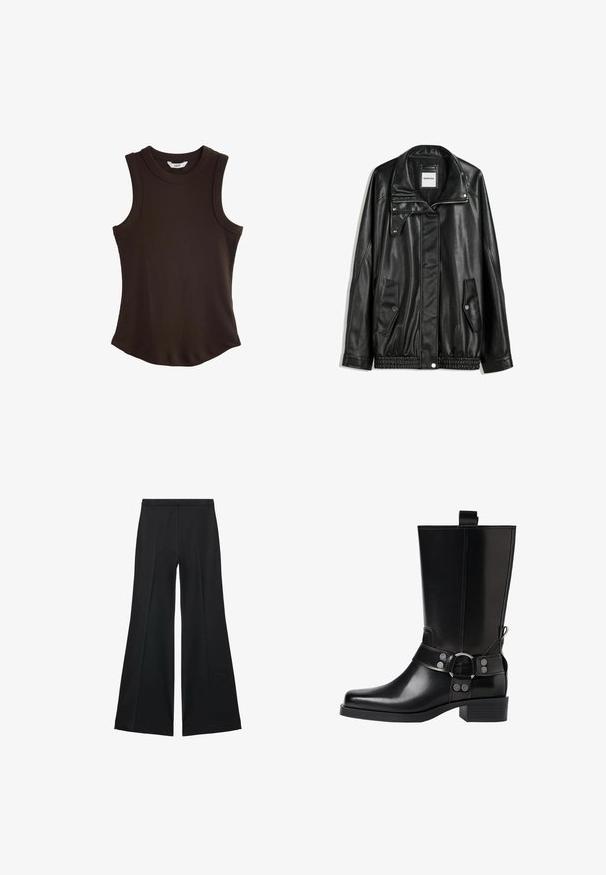 Črna usnjena jakna z zadrgo spredaj, zapiranjem na gumb, dvema stranskima žepoma in elastičnim robom. Ima strukturiran ovratnik in gladko teksturo.; Rjava rebrasta majica brez rokavov s krožnim ovratnikom. Ima ukrivljen rob za prilega silhueto, izdelana je iz raztegljive tkanine.; Črne široke hlače z gladko teksturo, ki imajo sprednje nabore in kroj po meri. Tkanina je lahka in zračna.; Črne usnjene škornje do kolen s koničastim nosom, srebrnimi zaponkami in debelim peto. Imajo zanko za enostavno obuvanje.