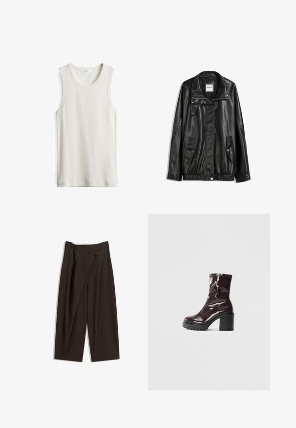 Schwarze Lederjacke mit Reißverschluss vorne, Knopfverschluss, zwei seitlichen Taschen und elastischem Saum. Verfügt über einen strukturierten Kragen und eine glatte Textur.; Ärmelloses cremefarbenes Tanktop aus geripptem Stoff, mit Rundhalsausschnitt und dezent gesticktem Logo auf der Vorderseite.; Dunkelbraune, weite Hosen mit hohem Bund, die über einen einzigen Knopfverschluss und eine gefaltete Vorderseite verfügen. Hergestellt aus leichtem Stoff.; Glatte bordeauxrote Ankle Boots mit einem klobigen schwarzen Absatz, die eine glatte Oberfläche und ein einfaches Design aufweisen. Keine sichtbaren Verschlüsse oder Muster.