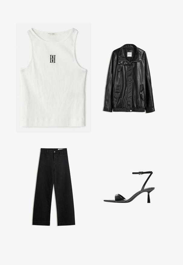 Jachetă din piele neagră cu fermoar frontal, închidere cu capse, două buzunare laterale și tiv elastic. Prezintă un guler structurat și o textură netedă.; Top din bumbac alb cu nervuri, având un logo brodat negru centrat pe piept. Decolteul și brațele sunt terminate cu o margine subtilă.; Pantaloni din denim negri cu picioare largi, cu talie înaltă, având buzunare frontale și posterioare, cusături dublate și închidere cu nasture. Textură netedă.; Bershka Sandale cu toc - black
