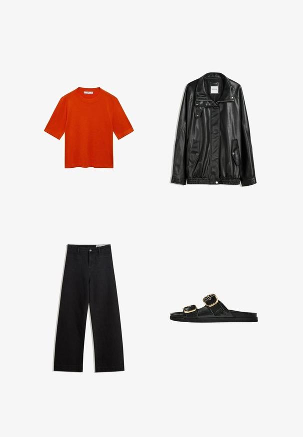 Zwarte leren jas met rits aan de voorkant, drukknopen-sluiting, twee zijzakken en elastische onderrand. Beschikt over een gestructureerde kraag en een gladde textuur.; Korte mouwen oranje t-shirt van zachte stof, met een ronde hals en een relaxte pasvorm met een rechte onderrand en zonder zichtbare patronen.; Zwarte denim broek met wijde pijpen en een hoge taille, voorzien van voor- en achterzakken, gestikte naden en een knoopsluiting. Gladde textuur.; Zwarte slipper met twee gouden gesps, gladde textuur, platte zool en een minimalistisch ontwerp.