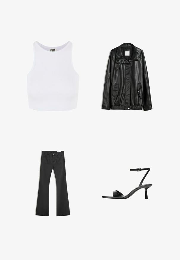 Black leather jacket with zippered front, snap-button closure, two side pockets, and elasticized hem. Features a structured collar and smooth texture.; White ribbed crop tank top with wide shoulder straps and a round neckline. Features a soft texture and minimalistic design with no patterns.; Black flared jeans made of denim with a smooth texture, featuring two back pockets and a button closure at the waist.; Bershka High heeled sandals - black
