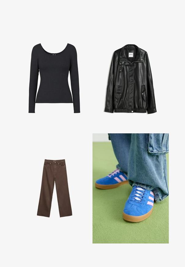 Svart läderjacka med dragkedja framtill, tryckknappsstängning, två sidofickor och elastiskt fåll. Har en strukturerad krage och slät yta.; Svart rippad långärmad topp med rundad halsringning. Materialet är mjukt och stretchy, med vertikal ribbad textur över hela plagget.; Breda bruna jeans i denim med hög midja, framfickor och klassisk knäppning. Slät textur med subtil sömnad.; Blå mockaskor med rosa ränder och vita snören, med en sula av gummigummi, kombinerat med lösa denimbyxor på en grön yta.