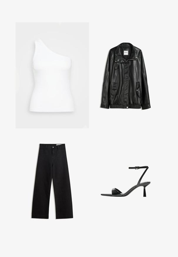 Sort læderjakke med lynlås foran, trykknaplukning, to sidelommer og elastisk kant. Har en struktureret krave og glat overflade.; Hvid top med en skulder lavet af ribbet stof. Har en tætsiddende form og glat tekstur med et rent, minimalistisk design.; Sorte wide-leg denim bukser med høj talje, der har front- og baglommer, syede sømme og en knaplukning. Glat tekstur.; Bershka Højhælede sandaletter / Højhælede sandaler - black