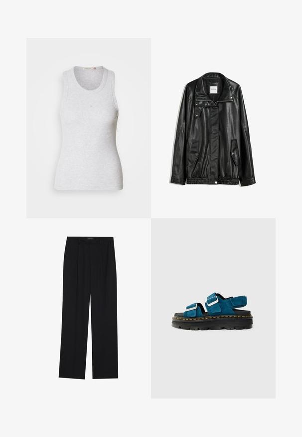 Črna usnjena jakna z zadrgo spredaj, zapiranjem na gumb, dvema stranskima žepoma in elastičnim robom. Ima strukturiran ovratnik in gladko teksturo.; Svetlo sivi rebrasti brezrokavnik z okroglim izrezom. Ima oprijet kroj in diskretno logo blizu središča. Mehka tekstura.; Črne hlače s ravnim krojem, ki imajo dva sprednja žepa in pas. Narejene so iz gladkega, lahkega materiala.; Modre semiš sandale z dvema nastavljivima trakama in srebrno strojno opremo, ki imajo debelo črno platformo z rumenimi šivi.