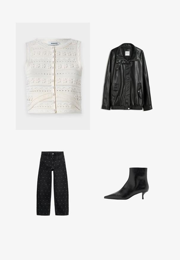 Schwarze Lederjacke mit Reißverschluss vorne, Knopfverschluss, zwei seitlichen Taschen und elastischem Saum. Verfügt über einen strukturierten Kragen und eine glatte Textur.; Ärmelloses cremefarbenes Stricktop mit floralem Stickmuster, strukturierten Mustern, Perlmuttknopfverschluss und Spitze am Saum. Rundhalsausschnitt.; Schwarze Jeans mit weitem Bein aus Denim, verziert mit einem Muster aus kleinen silbernen Ösen, klassischem Fünf-Taschen-Design und Knopfverschluss vorne.; Schwarze Lederstiefelette mit spitz zulaufender Zehenpartie, schlankem Kitten-Absatz und glatter Textur. Schlichtes Design, ohne dekorative Akzente.