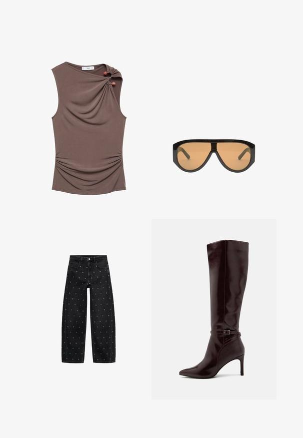 Čierna kožená bunda s predným zipsom, skladacím zapínaním, dvoma bočnými vreckami a elastickým spodným okrajom. Má štruktúrovaný golier a hladkú textúru.; Hnedý bezrukávový top s drapovaným predným dielom, bočným zberaním a dvoma ozdobnými gombíkmi na pleci, vyrobený z hladkej, elastickej látky.; Čierne denimové nohavice s voľným strihom a vzorom malých strieborných očiek, so klasickým dizajnom piatich vreciek a zapínaním na gombík.; Anna Field Čižmy - bordeaux; Čierne slnečné okuliare v oversized štýle s hnedými sklami, s širokými, uhlovými obrúčkami a rovnými ramenami. Hladký lesklý povrch, minimálne hardvérové detaily.