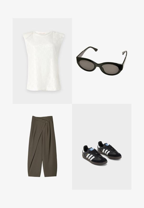 Črna usnjena jakna z zadrgo spredaj, zapiranjem na gumb, dvema stranskima žepoma in elastičnim robom. Ima strukturiran ovratnik in gladko teksturo.; Bela brezrokavnik vrhnja majica z bleščičasto teksturo, okroglim izrezom in rahlo poudarjenim ramenskim dizajnom. Lahkoten, gladek material.; Široki hlače iz temno olivno zelene tkanine, z nagubanimi sprednjimi deli, gumbom za zapiranje in sijajno, teksturirano površino.; Črne športne copate z zgornjim delom iz semiša in sintetičnih materialov, ki imajo tri bele črte, teksturiran gumijast podplat in modro označevalno oznako na jeziku.; Črne sončna očala z sijočo površino, ovalnimi lečami in ostrimi okvirji. Oblika vključuje debele ročke in eleganten silhuet.