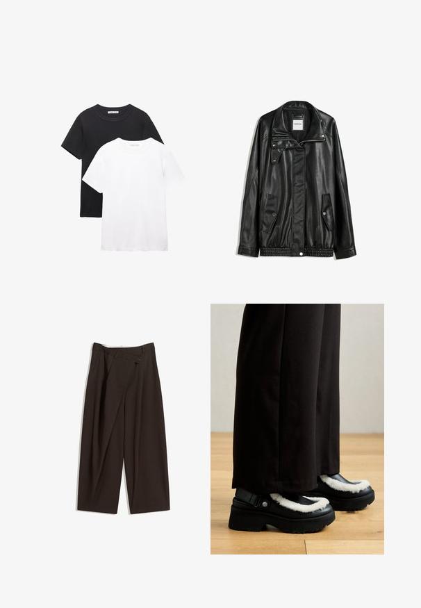 Jachetă din piele neagră cu fermoar frontal, închidere cu capse, două buzunare laterale și tiv elastic. Prezintă un guler structurat și o textură netedă.; Două tricouri cu guler rotund, unul negru și unul alb. Fabricate din bumbac moale, având mâneci scurte și un design simplu, clasic.; Pantaloni largi de culoare maron închis, cu talie înaltă, având închiere cu un singur nasture și un față pliată. Confectionați dintr-un material ușor.; Pantofii cu platformă negri au o margine pufoasă albă, vârf rotunjit și o curea cu un buton metalic. Sunt purtați cu pantaloni negri pe un podea din lemn.