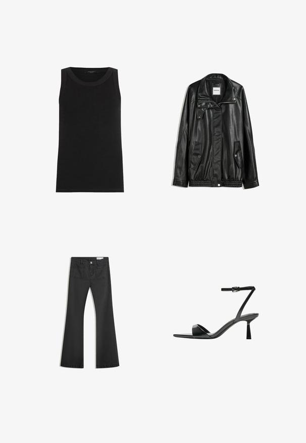 Black leather jacket with zippered front, snap-button closure, two side pockets, and elasticized hem. Features a structured collar and smooth texture.; AllSaints RINA - Top - black; Black flared jeans made of denim with a smooth texture, featuring two back pockets and a button closure at the waist.; Bershka High heeled sandals - black