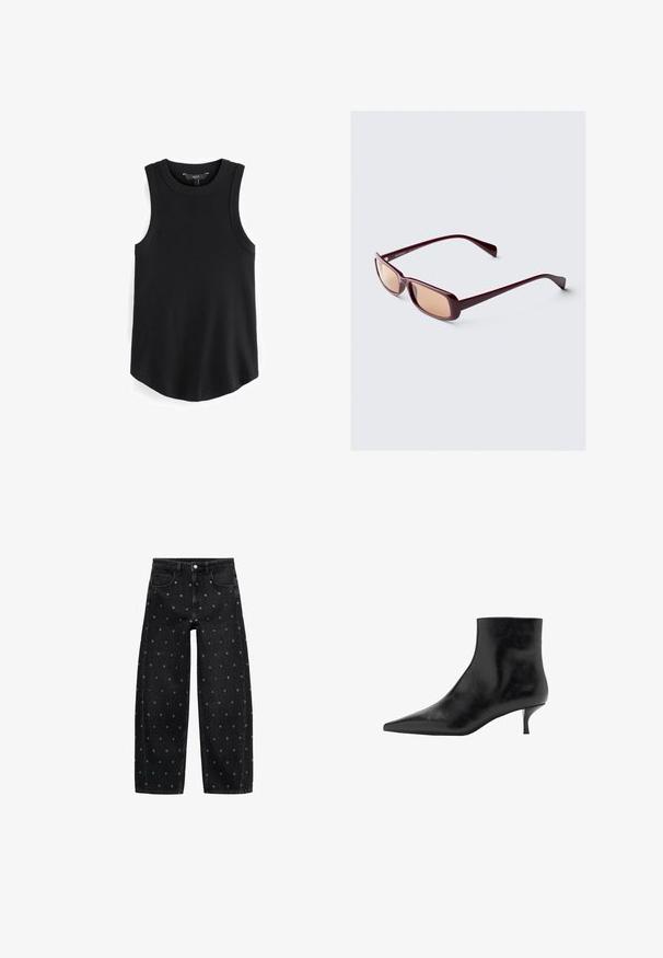 Schwarze Lederjacke mit Reißverschluss vorne, Knopfverschluss, zwei seitlichen Taschen und elastischem Saum. Verfügt über einen strukturierten Kragen und eine glatte Textur.; Schwarzes ärmelloses Tanktop mit gerippter Textur, rundem Ausschnitt und geschwungenem Saum. Der Stoff wirkt glatt und dehnbar. Markenlabel innen sichtbar.; Schwarze Jeans mit weitem Bein aus Denim, verziert mit einem Muster aus kleinen silbernen Ösen, klassischem Fünf-Taschen-Design und Knopfverschluss vorne.; Schwarze Lederstiefelette mit spitz zulaufender Zehenpartie, schlankem Kitten-Absatz und glatter Textur. Schlichtes Design, ohne dekorative Akzente.; Burgunderfarbene Sonnenbrille mit rechteckigem Rahmen, verlaufenden Gläsern und eleganten Bügeln. Das Material hat eine glatte, glänzende Oberfläche.