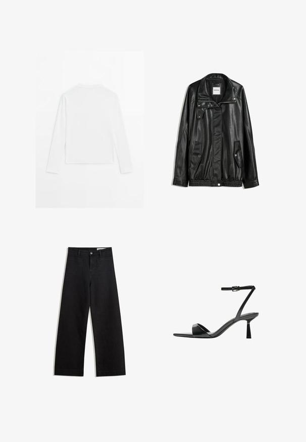 Sort læderjakke med lynlås foran, trykknaplukning, to sidelommer og elastisk kant. Har en struktureret krave og glat overflade.; Simpel hvid langærmet skjorte, rund hals, vist fra ryggen, lagt fladt på en hvid baggrund.; Sorte wide-leg denim bukser med høj talje, der har front- og baglommer, syede sømme og en knaplukning. Glat tekstur.; Bershka Højhælede sandaletter / Højhælede sandaler - black