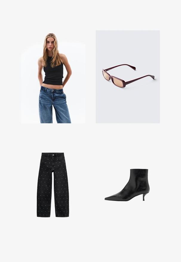 Zwarte leren jas met rits aan de voorkant, drukknopen-sluiting, twee zijzakken en elastische onderrand. Beschikt over een gestructureerde kraag en een gladde textuur.; Zwarte geribbelde tanktop gecombineerd met losse blauwe spijkerbroek. De spijkerbroek heeft een klassiek vijf-pocket ontwerp en een knoopsluiting.; Zwarte denim wide-leg jeans met een patroon van kleine zilveren oogjes, met een klassieke vijf-pocket design en een knoopsluiting aan de voorkant.; Zwarte leren enkelboot met een puntige neus, slanke kittenhak en een gladde textuur. Eenvoudig ontwerp, geen decoratieve accenten.; Bordeauxkleurige zonnebril met rechthoekige monturen, gradient lenzen en slanke armen. Het materiaal heeft een gladde, glanzende afwerking.
