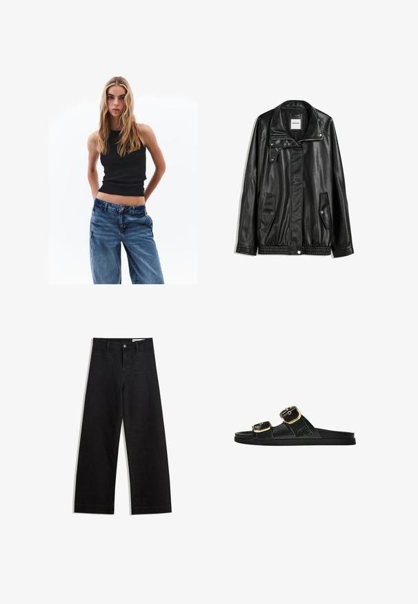 Svart läderjacka med dragkedja framtill, tryckknappsstängning, två sidofickor och elastiskt fåll. Har en strukturerad krage och slät yta.; Svart ribbad linne topp i kombination med lösa blå denim jeans. Jeansen har en klassisk fem-fickor design och knappstängning.; Svarta vida denimbyxor med hög midja, med fram- och bakfickor, sydda sömmar och knappstängning. Slät textur.; Svart glidsandal med två guldfärgad spännen, slät textur av material, platt sula och en minimalistisk design.