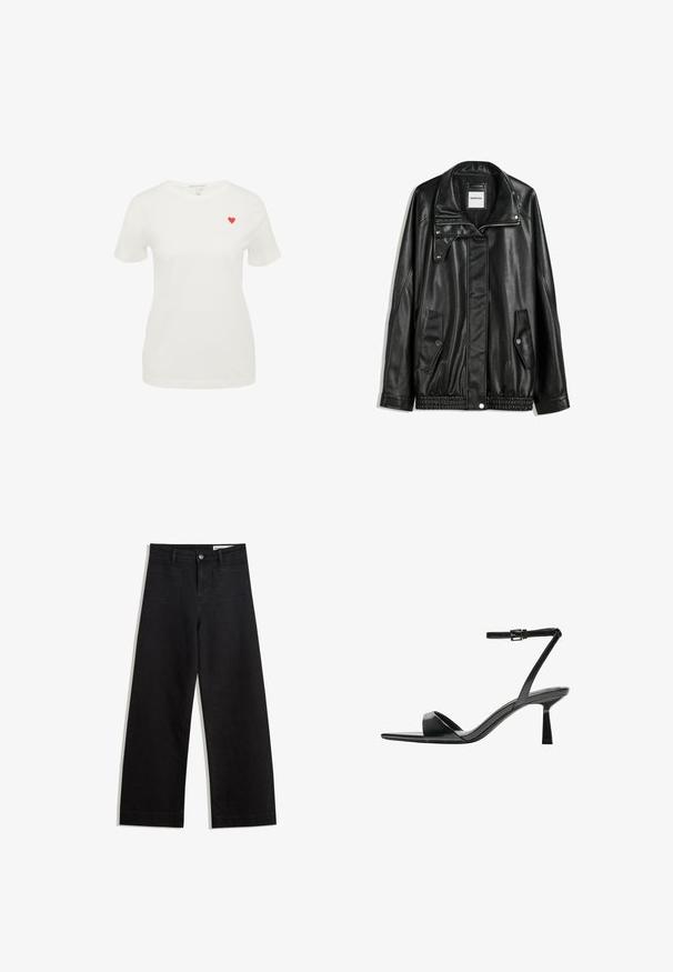 Giubbotto in pelle nera con zip frontale, chiusura a bottoni a pressione, due tasche laterali e orlo elasticizzato. Presenta un colletto strutturato e una texture liscia.; T-shirt bianca in cotone con maniche corte, scollatura rotonda, con un piccolo cuore rosso ricamato sulla parte sinistra del petto.; Pantaloni in denim neri a gamba larga con vita alta, dotati di tasche anteriori e posteriori, cuciture a punto, e chiusura con bottone. Texture liscia.; Bershka Sandali con tacco - black