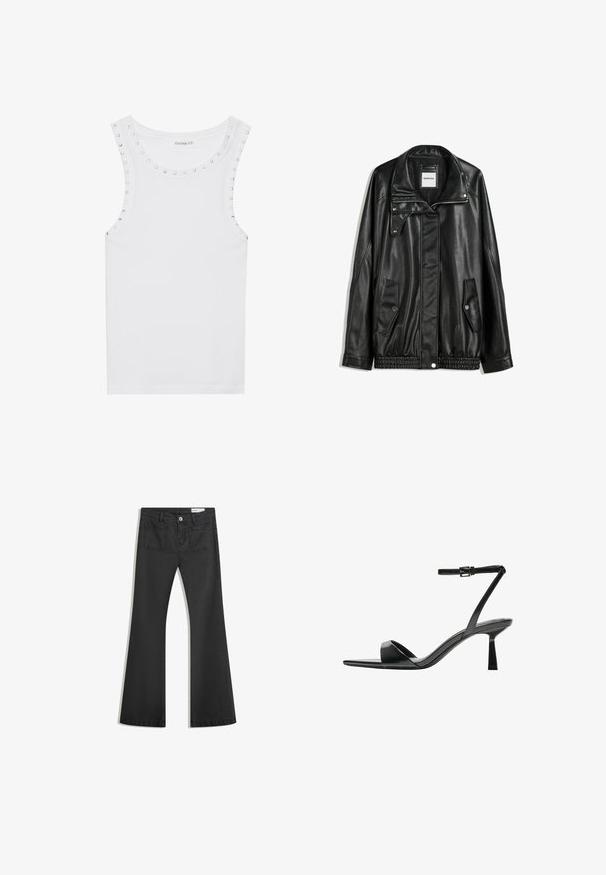 Black leather jacket with zippered front, snap-button closure, two side pockets, and elasticized hem. Features a structured collar and smooth texture.; White sleeveless tank top made of cotton, featuring a round neckline adorned with silver studs along the shoulders for added detail.; Black flared jeans made of denim with a smooth texture, featuring two back pockets and a button closure at the waist.; Bershka High heeled sandals - black