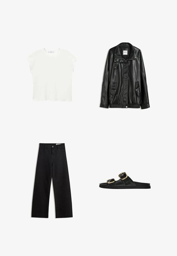 Sort læderjakke med lynlås foran, trykknaplukning, to sidelommer og elastisk kant. Har en struktureret krave og glat overflade.; Hvid kortærmet t-shirt med rund halsudskæring, blød tekstur og en afslappet pasform. Let buet kant forneden tilføjer et afslappet præg.; Sorte wide-leg denim bukser med høj talje, der har front- og baglommer, syede sømme og en knaplukning. Glat tekstur.; Sort skridsandal med to guldspænder, glat tekstureret materiale, flad sål og et minimalistisk design.