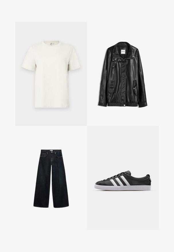 Jachetă din piele neagră cu fermoar frontal, închidere cu capse, două buzunare laterale și tiv elastic. Prezintă un guler structurat și o textură netedă.; Tricou din bumbac bej deschis, cu guler rotund, mâneci scurte și o croială obișnuită. Textură netedă și design minimal, fără modele sau accente.; Jeans din denim închis, cu picioare largi și talie înaltă, având cusături contrastante, buzunare frontale și un design minimalist.; Sneaker din piele neagră cu design cu trei dungi albe, vârf rotund, talpă plată din cauciuc alb și detalii de marcă pe lateral.