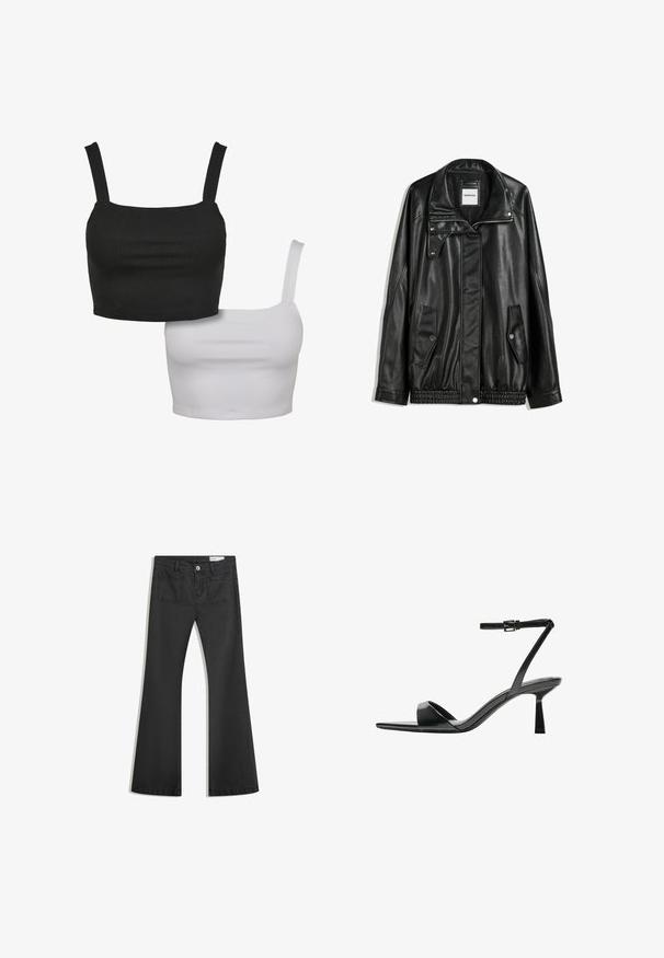 Černá kožená bunda s zipovým zapínáním, zapínáním na cvoky, dvěma bočními kapsami a elastickým lemem. Obsahuje strukturovaný límec a hladkou texturu.; Dvé bezramenní crop topy, jeden černý a jeden bílý, vyrobené z hladké látky, s čtvercovým výstřihem a nastavovacími ramínky.; Černé rozšířené džíny vyrobené z jemného džínsového materiálu, se dvěma zadními kapsami a zapínáním na knoflík v pase.; Bershka Sandály na vysokém podpatku - black