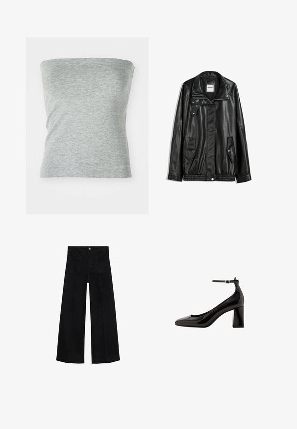 Sort læderjakke med lynlås foran, trykknaplukning, to sidelommer og elastisk kant. Har en struktureret krave og glat overflade.; Grå, stropløs top lavet af blød, strækbar stof. Har et enkelt design med en glat tekstur og ingen synlige sømme.; Bredde ben sorte denim bukser med høj talje, forlommer, bæltesløjfer og knaplukning.; Sorte patentlæder ankelstroppumpe med en blank finish, spidse tå og en tykk blokhæl. Glat tekstur, minimal udsmykning.