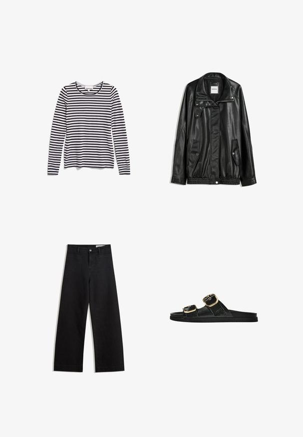 Schwarze Lederjacke mit Reißverschluss vorne, Knopfverschluss, zwei seitlichen Taschen und elastischem Saum. Verfügt über einen strukturierten Kragen und eine glatte Textur.; Schwarz-weiße langärmlige gestreifte Bluse mit Rundhalsausschnitt aus weichem Stoff, die gleichmäßig verteilte horizontale Streifen aufweist.; Schwarze weit geschnittene Jeans mit hoher Taille, ausgestattet mit Vorder- und Hintertaschen, gesteppten Nähten und einem Knopfverschluss. Glatte Textur.; Schwarze Riemensandale mit zwei goldenen Schnallendetails, glattem Material, flachem Sohlen und minimalistischer Gestaltung.