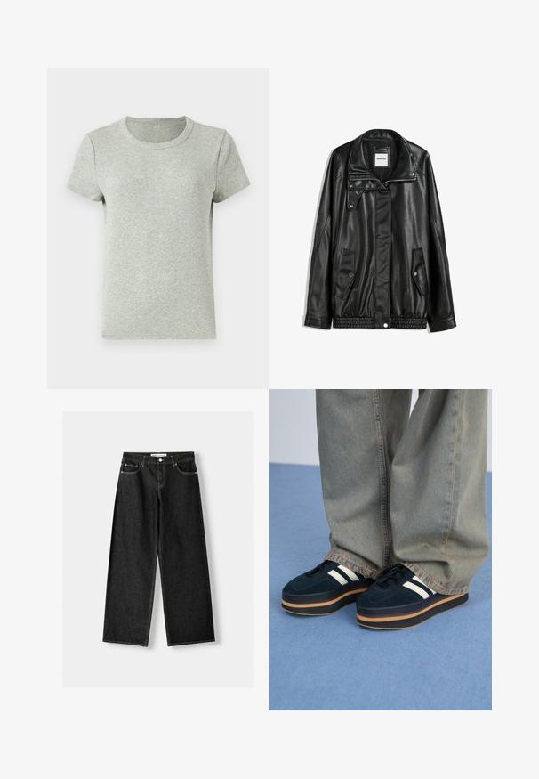 Schwarze Lederjacke mit Reißverschluss vorne, Knopfverschluss, zwei seitlichen Taschen und elastischem Saum. Verfügt über einen strukturierten Kragen und eine glatte Textur.; Graues kurzärmliges T-Shirt mit Rundhalsausschnitt, aus geripptem Stoff gefertigt. Glatte Textur mit regulärer Passform und minimalistischem Design.; Schwarze Jeans mit weitem Bein aus Denim, mit fünf Taschen, metallischem Knopf und Reißverschluss und kontrastierenden gelben Nähten entlang der Nähte.; Dunkelblaue Wildleder-Plattform-Sneaker mit weißen Streifen und schwarzen Schnürsenkeln. Mit einer dicken braunen Gummisohle ausgestattet. Tragen Sie sie mit hellblauen Jeans.