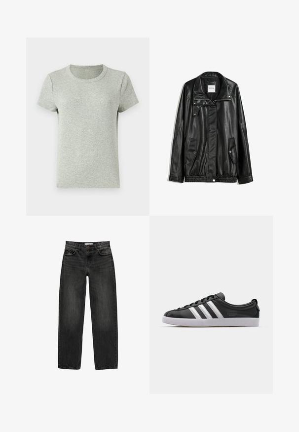 Crna kožna jakna s patentnim zatvaračem sprijeda, zatvaračem na gumbe, dvjema bočnim džepovima i elastičnim rubom. Ima strukturirani ovratnik i glatku teksturu.; Siva majica kratkih rukava s okruglim izrezom, izrađena od rebrastog materijala. Glatka tekstura s regularnim krojem i minimalnim dizajnom.; Crne traperice od denima s opuštenim krojem, ravnim nogavicama, dizajnom s pet džepova i blago izblijedjelom teksturom. Zaključavanje na dugme i patentni zatvarač sprijeda.; Crne kožne tenisice s bijelim dizajnom od tri pruge, zaobljenim prstom, ravnim bijelim gumiranim potplatom i oznakom branda sa strane.