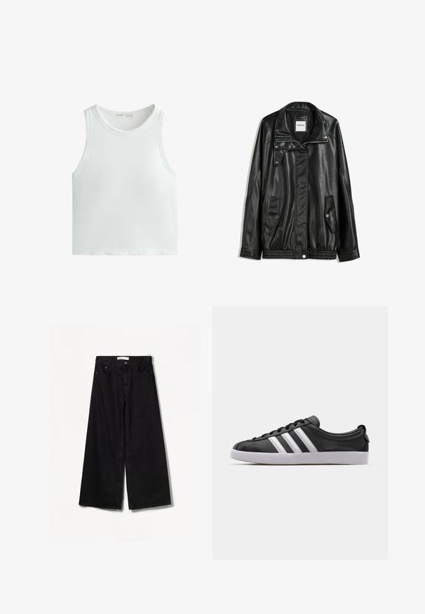 Fekete bőrkabát cipzáros elejével, patentos záródással, két oldalsó zsebbel és elasztikus aljjal. Struktúrált gallérral és sima textúrával rendelkezik.; Fehér bordázott ujjatlan felső széles pántokkal és kerek nyakkivágással. Puha, rugalmas anyagból készült a kényelem és a megfelelő illeszkedés érdekében.; Bershka WIDE-LEG - Széles szárú - black; Fekete bőr sneaker fehér háromcsíkkal, kerek orral, lapos fehér gumitalppal és márkázott részlettel az oldalon.