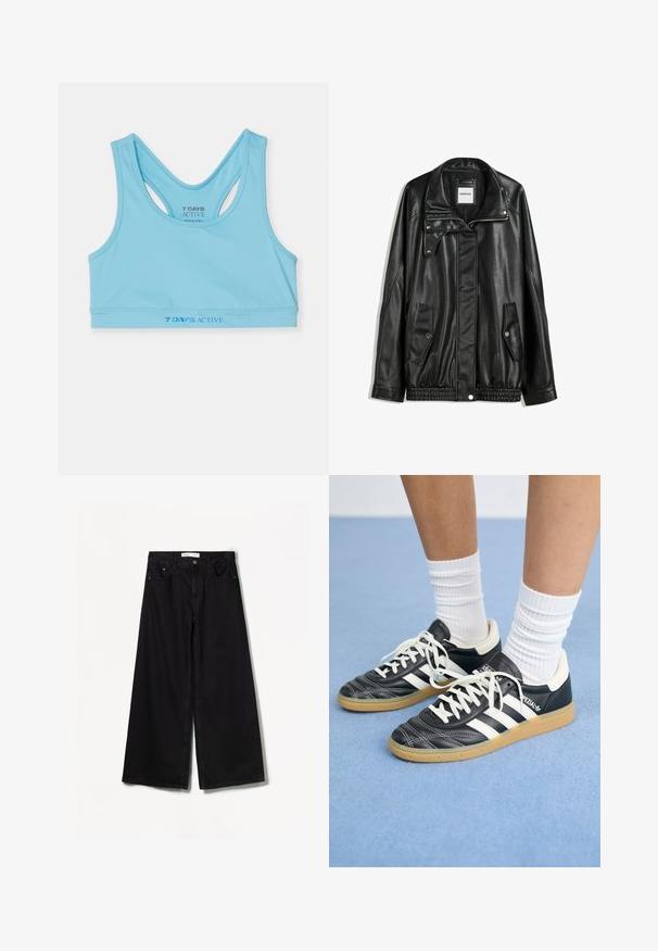 Čierna kožená bunda s predným zipsom, skladacím zapínaním, dvoma bočnými vreckami a elastickým spodným okrajom. Má štruktúrovaný golier a hladkú textúru.; Svetlo modrý športový crop top vyrobený z hladkej tkaniny, so strihom racerback a logom tmavšej modrej farby na páse.; Bershka WIDE-LEG - Široké nohavice - black; Čierne kožené tenisky s bielymi pruhmi, okrúhlou špičkou, bielymi šnúrkami a gumovou podrážkou. Vyzdvihujú ich vypchávkovaný golier a detaily s logom.