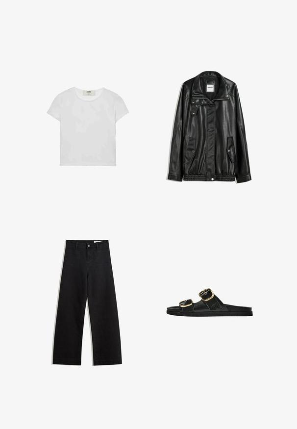Čierna kožená bunda s predným zipsom, skladacím zapínaním, dvoma bočnými vreckami a elastickým spodným okrajom. Má štruktúrovaný golier a hladkú textúru.; Biele tričko s krátkym rukávom a okrúhlym výstrihom, vyrobené z mäkkého bavlneného materiálu, s jednoduchým a čistým dizajnom bez viditeľných vzorov alebo doplnkov.; Čierne denimové nohavice s širokými nohavicami a vysokým pásom, so prednými a zadnými vreckami, šitými švami a zapínaním na gombík. Hladká textúra.; Čierne šľapky s dvoma zlatými prackami, hladký textúrovaný materiál, plochá podrážka a minimalistický dizajn.